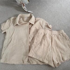 Beige Textured Shirt and Shorts Set